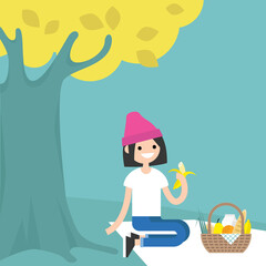 Young female character having a picnic under the tree