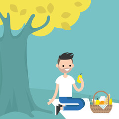 Young male character having a picnic under the tree / flat editable vector illustration, clip art