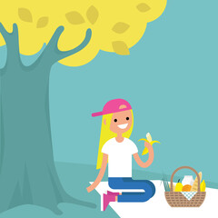 Young female character having a picnic under the tree / flat editable vector illustration, clip art