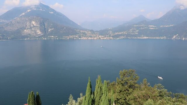 View from Castello di Vezio to Varenna and Lake Como in summer, Lombardy Italy 