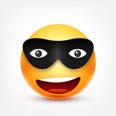 Smiley,smiling emoticon with mask. Yellow face with emotions. Facial expression. 3d realistic emoji. Funny cartoon character.Mood. Web icon. Vector illustration.