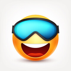 Smiley with glasses,mask,smiling emoticon. Yellow face with emotions. Facial expression. 3d realistic emoji. Funny cartoon character.Mood. Web icon. Vector illustration.