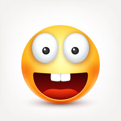 Smiley,smiling ,happy emoticon with teeth. Yellow face with emotions. Facial expression. 3d realistic emoji. Funny cartoon character.Mood. Web icon. Vector illustration.