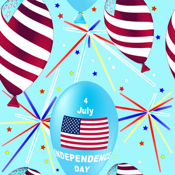 US Independence Day Seamless Pattern. Flying Rubber Balloons in Colors of the USA Flag. Vector illustration for backgrounds