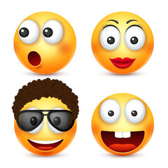 Smiley with glasses,smiling emoticon. Yellow face with emotions. Facial expression. 3d realistic emoji. Funny cartoon character.Mood. Web icon. Vector illustration.
