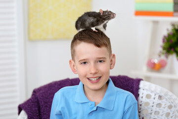 Cute boy with funny rat at home