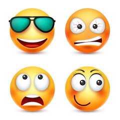Smiley with glasses,smiling emoticon. Yellow face with emotions. Facial expression. 3d realistic emoji. Funny cartoon character.Mood. Web icon. Vector illustration.