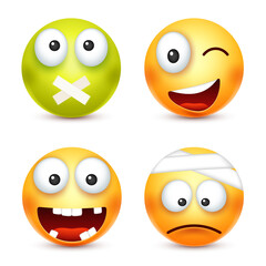 Smiley,smiling angry,sad,happy emoticon. Yellow face with emotions. Facial expression. 3d realistic emoji. Funny cartoon character.Mood. Web icon. Vector illustration.