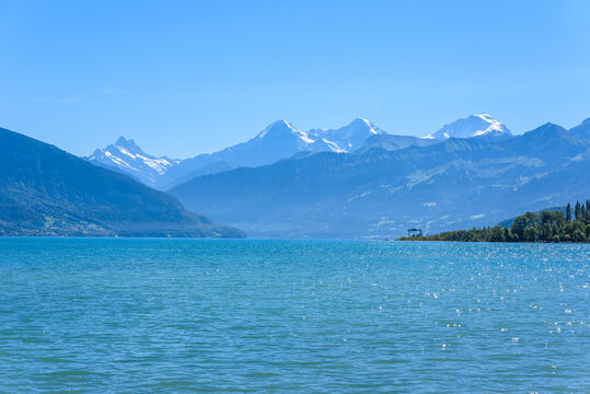 Thuner lake at Thun with beautiful panorama view to mountain scenery - Switzerland