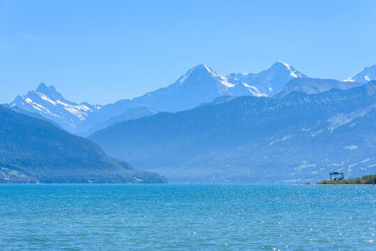 Thuner lake at Thun with beautiful panorama view to mountain scenery - Switzerland