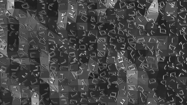 Abstract black and white low poly waving 3D surface as geometric mesh. Grey abstract geometric vibrating environment or pulsating background in cartoon low poly popular stylish 3D design.