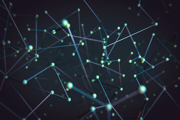 Blue and green abstract 3d lines with spheres. Scientific macro structure. Futuristic web connection.