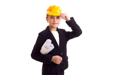 Little girl in yellow protective helmet