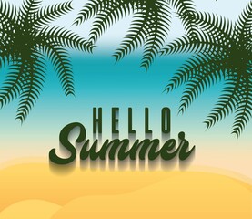 beach background with hello summer, phrase. colorful design. vector illustration
