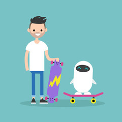 Millennial boy teaching a robot to ride on a skateboard / Flat editable vector illustration