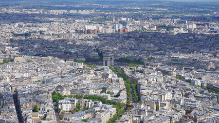 Aerial view of city of Paris from Eiffel tower with beautiful scattered clouds, Paris, France