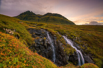 Landscape of mountain and waterfall in Iceland