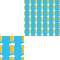 Seamless pattern blank with goblets of beer with foam on the blue background with pattern unit.
