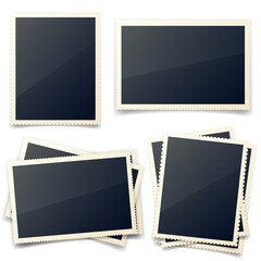 Old photo card,carved sides,frame,film. Retro,vintage photograph with shadow.Digital snapshot,image.Photography art.Template or mockup for design.Vector illustration on transparent background.