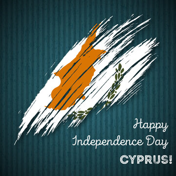 Cyprus Independence Day Patriotic Design. Expressive Brush Stroke in National Flag Colors on dark striped background. Happy Independence Day Cyprus Vector Greeting Card.