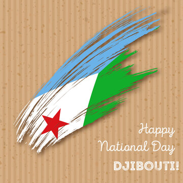 Djibouti Independence Day Patriotic Design. Expressive Brush Stroke in National Flag Colors on kraft paper background. Happy Independence Day Djibouti Vector Greeting Card.