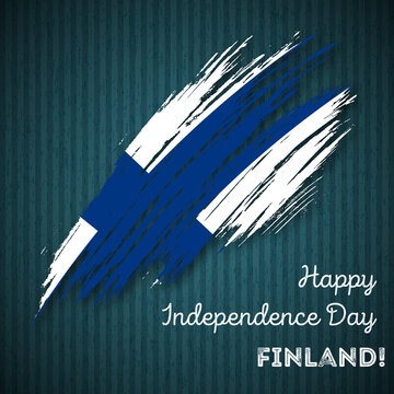 Finland Independence Day Patriotic Design. Expressive Brush Stroke in National Flag Colors on dark striped background. Happy Independence Day Finland Vector Greeting Card.