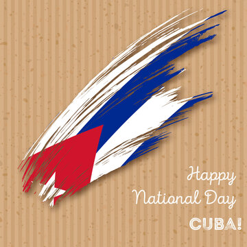Cuba Independence Day Patriotic Design. Expressive Brush Stroke in National Flag Colors on kraft paper background. Happy Independence Day Cuba Vector Greeting Card.