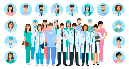 Group of doctors and nurses characters in different poses with vector profile avatars. Medical people. Hospital staff.