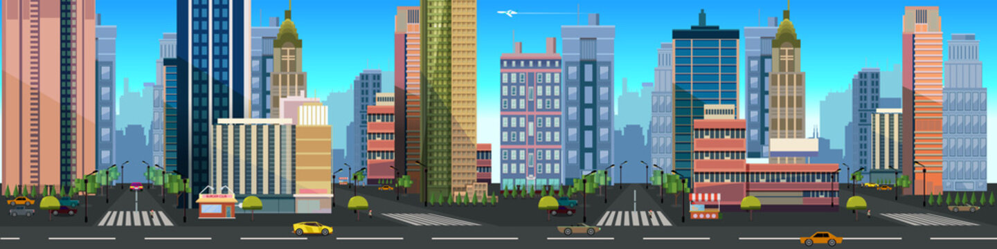 Illustration of a city landscape ,with buildings and road, vector unending background with separated layers for game.Vector illustration for your design