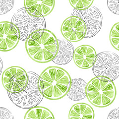 Seamless lime pattern. Vector background with watercolor and doodle lime slices.