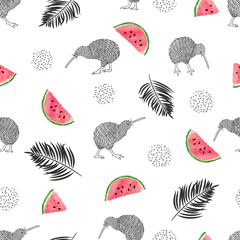 Seamless tropical trendy pattern with watercolor kiwi birds, watermelon slices and palm leaves. Vector summer background.