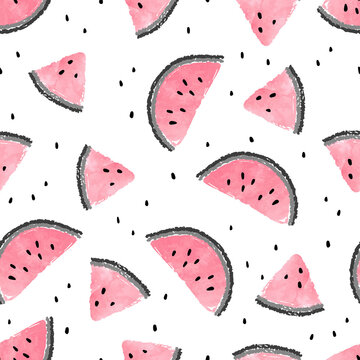 Seamless watermelons pattern. Vector background with pink watercolor watermelon slices.
