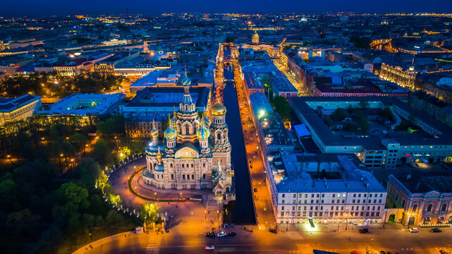 Savior on Spilled Blood. Night city from a height. The Griboyedov Canal. St. Petersburg. Orthodox Church.