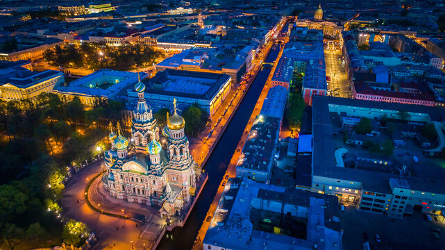 Savior on Spilled Blood. Night city from a height. The Griboyedov Canal. St. Petersburg. Church.