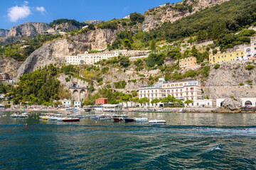 Boats moored at the cliff coast in Amalfi