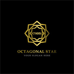 Gold Octagonal Star Logo Vector in elegant Style with Black Background