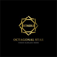 Gold Octagonal Star Logo Vector in elegant Style with Black Background