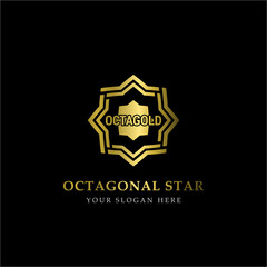 Gold Octagonal Star Logo Vector in elegant Style with Black Background