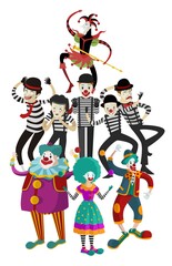 clowns mimes and harlequin crowd
