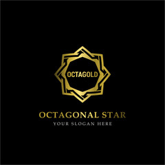 Gold Octagonal Star Logo Vector in elegant Style with Black Background