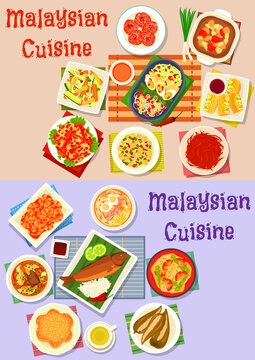 Malaysian cuisine dinner dishes icon set design