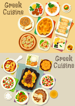 Greek cuisine tasty lunch dishes icon set