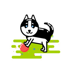 Cute Husky play with red ball vector illustration in the style of line art.