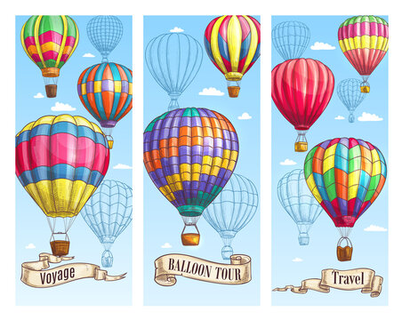 Hot air balloon sketch banner for travel design