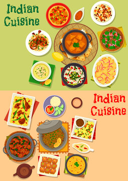 Indian cuisine dinner dishes menu icon set design