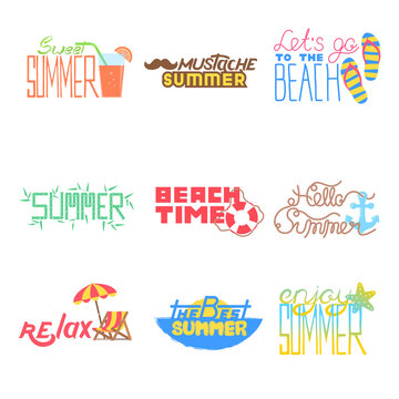 Lettering hand drawn set with logos, banners and label for summer holidays