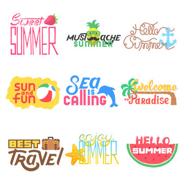 Lettering hand drawn set with logos, banners and icons for summer party