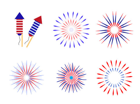Fireworks, salute in traditional colors USA set of elements for your design. America's Independence Day, July 4, concept. Vector illustration