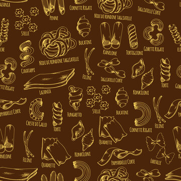 Italian pasta seamless pattern with macaroni sketch
