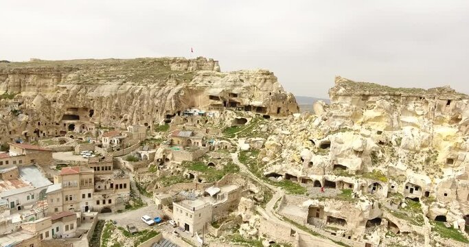 Aerial view of caves and general view of Urgup, Cappadocia, TURKEY 